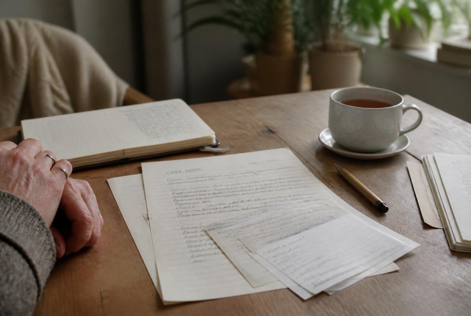 Handgeschreven aantekeningen en een kop thee op een houten tafel