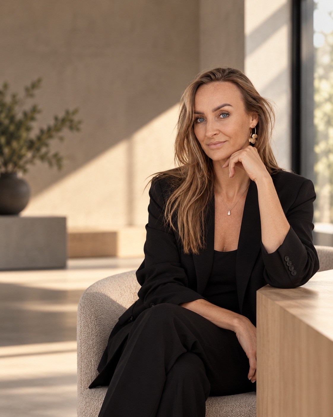 Esther Ates, co-founder van Onca Instituut, in zwarte kleding met haar hand onder haar kin