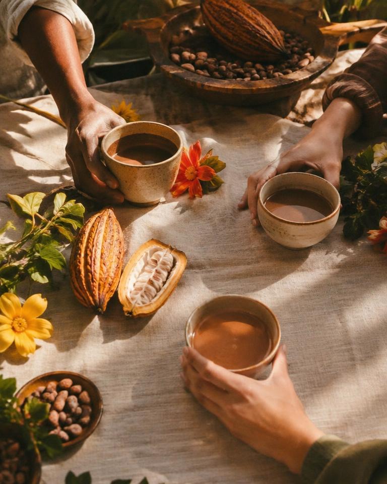Koppen cacao op een linnen kleed met cacaovruchten en bloemen