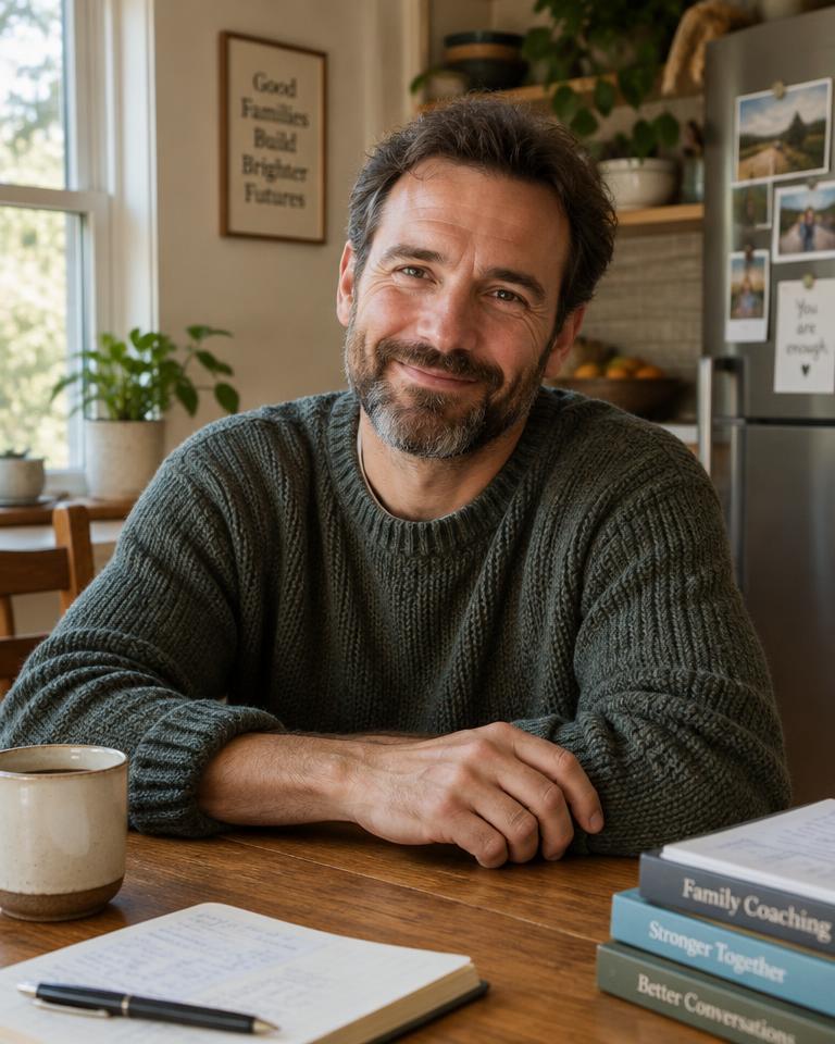 Portret van de spreker aan een keukentafel